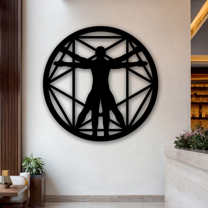 With very low color saturation, the striking black Vitruvian Man geometric circle metal wall art provides a bold contrast as a decoration wall art piece.