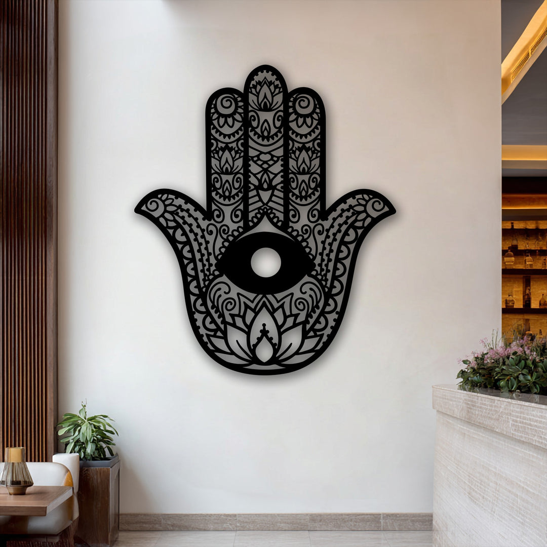 The abstract quality of the intricate Hamsa hand metal wall art with an evil eye symbol creates a captivating decoration wall art piece.