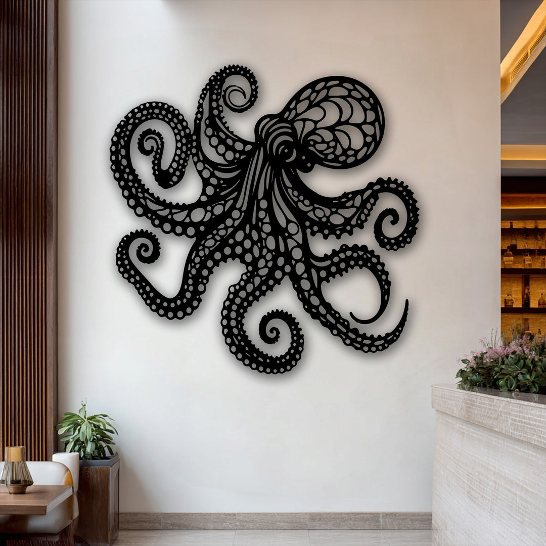 The striking negative space within the octopus metal art for wall elegantly outlines its detailed tentacles, making it compelling nautical decor.