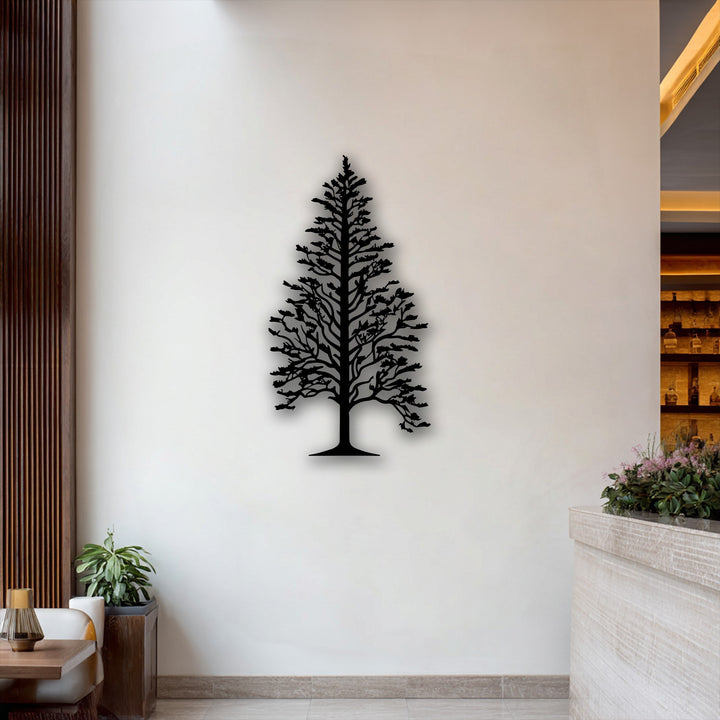 Strong color contrast emphasizes the dark Majestic Pine Tree Silhouette metal art for wall on the bright white wall, creating elegant nature-inspired decor.