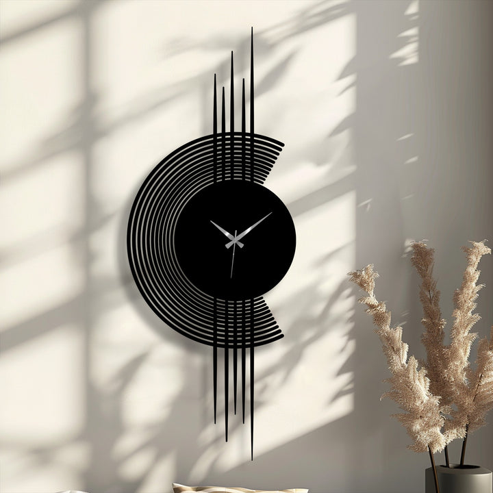 The dynamic design of this modern arc line metal artwork creates a flowing sense of movement with its elegant vertical elements.