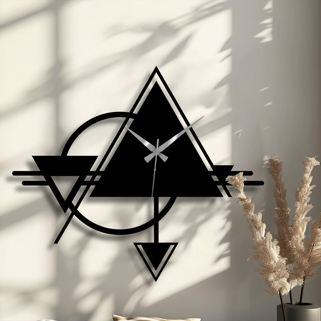 Highlighting the geometric elements, this abstract triangle and circle metal wall clock serves as unique metal art for wall, showcasing a bold, geometric home decor piece.