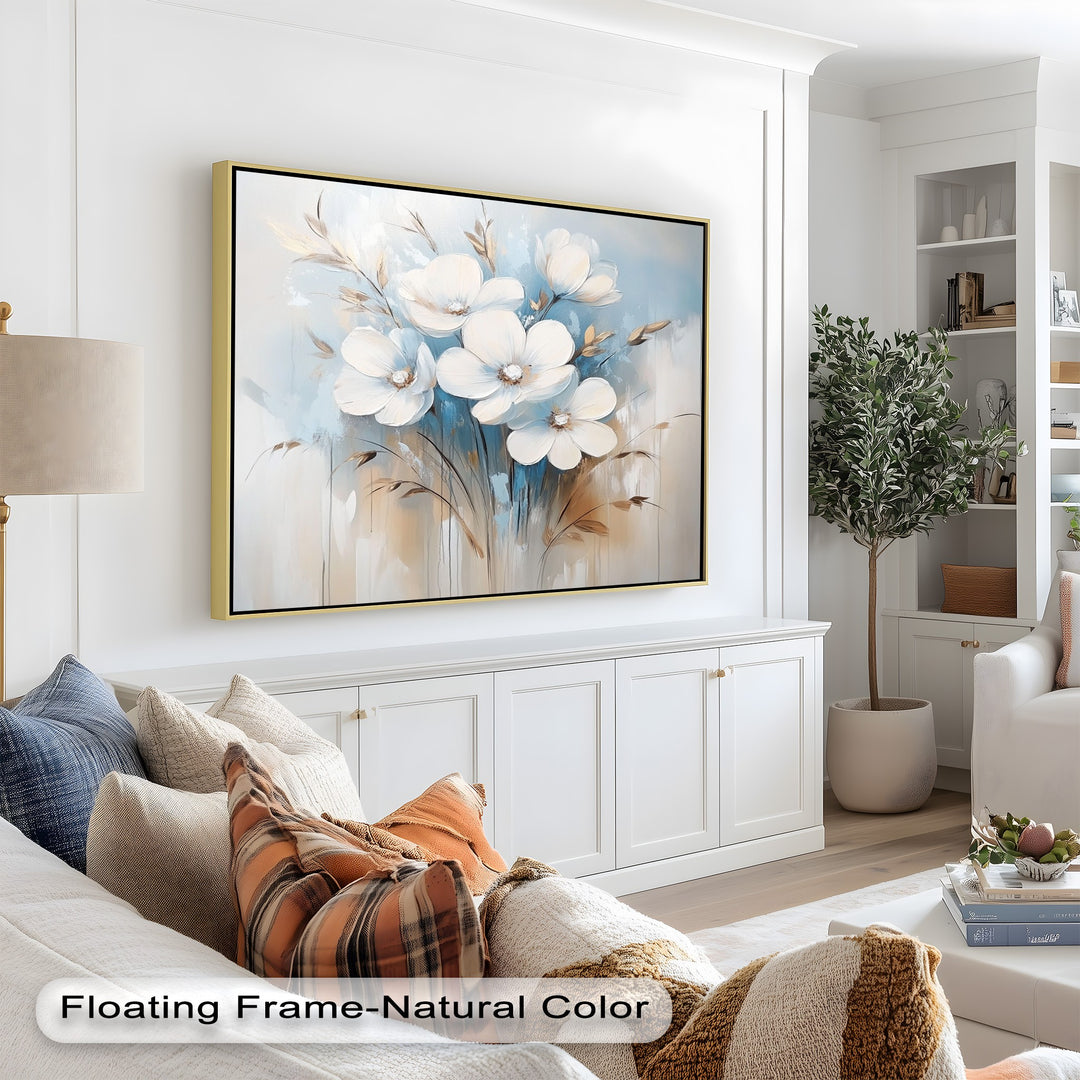 Minimalist floral painting with delicate cream blossoms and soft brushstrokes.
