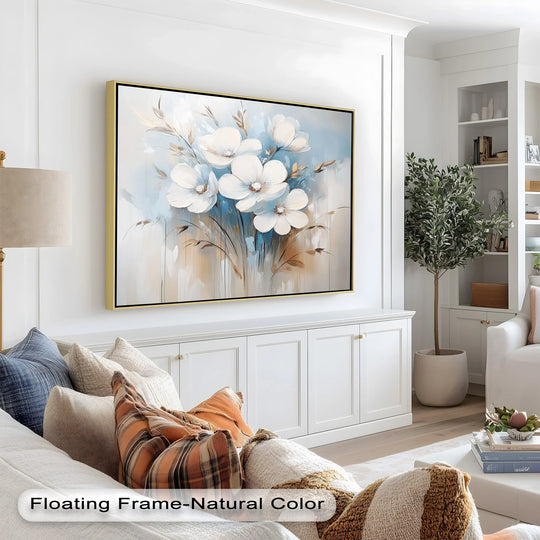 With cascading depth and layers, this floral oil painting art piece showcases soft white blossoms against a muted backdrop, creating a captivating focal point.