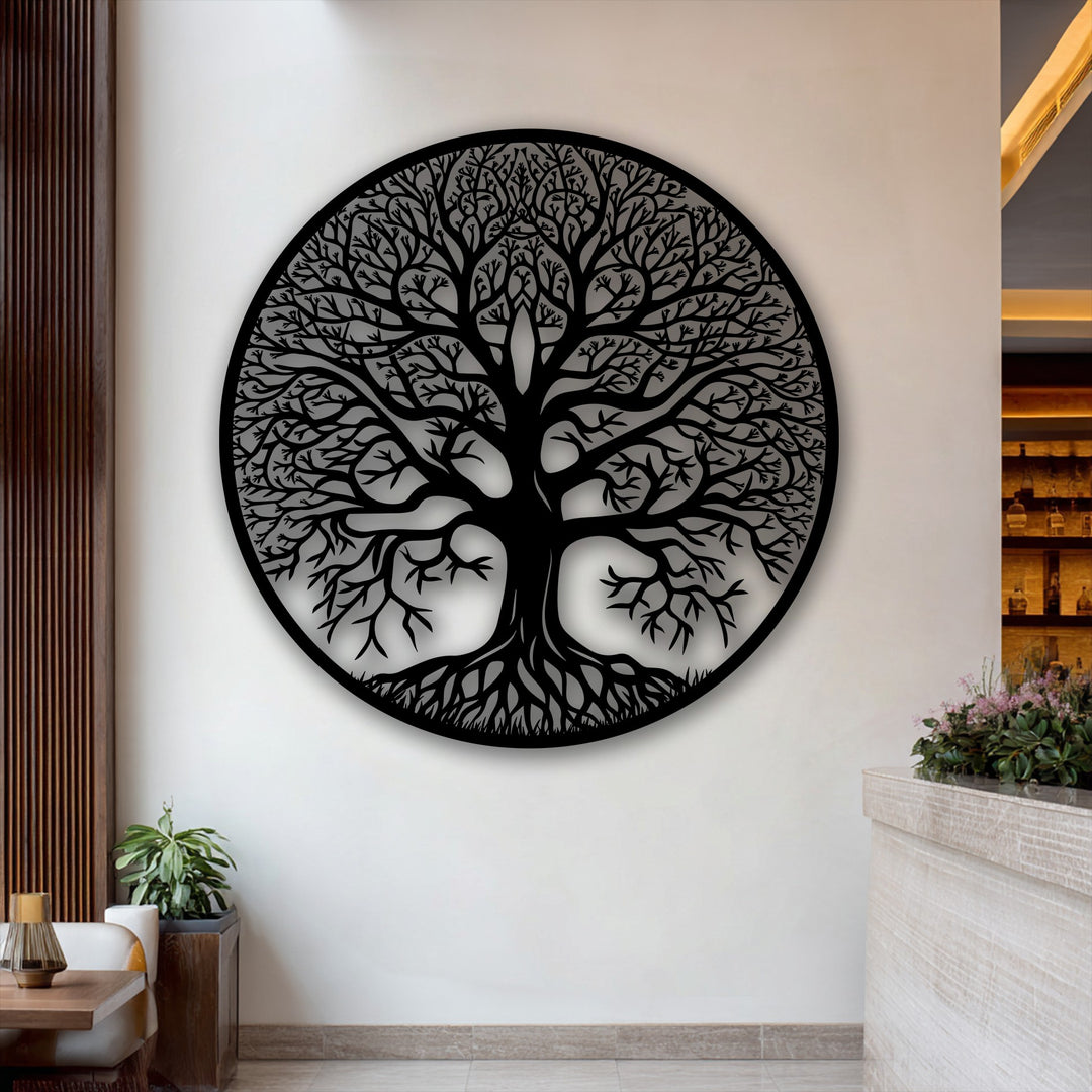 The Tree of Life metal art for wall emanates a vibrant, flowing energy with its intricate branches and deep roots forming a dynamic circle.