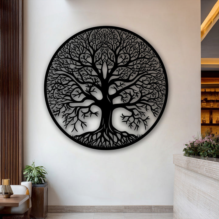 The Tree of Life metal art for wall emanates a vibrant, flowing energy with its intricate branches and deep roots forming a dynamic circle.