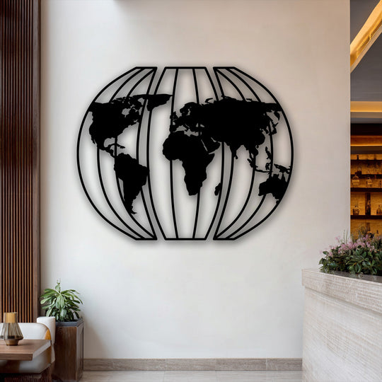 The darkest area showcases a striking black 3D globe world map, an impressive piece of metal art for wall decor.