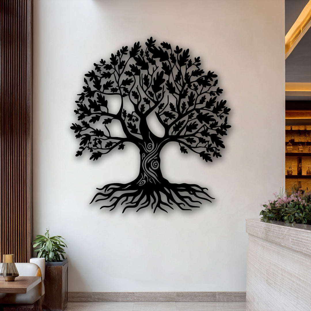 With impressive depth and intricate layers, this ornate tree of life metal artwork beautifully casts shadows, highlighting its detailed branches and roots.
