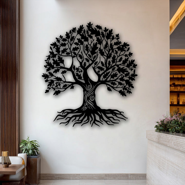 With impressive depth and intricate layers, this ornate tree of life metal artwork beautifully casts shadows, highlighting its detailed branches and roots.