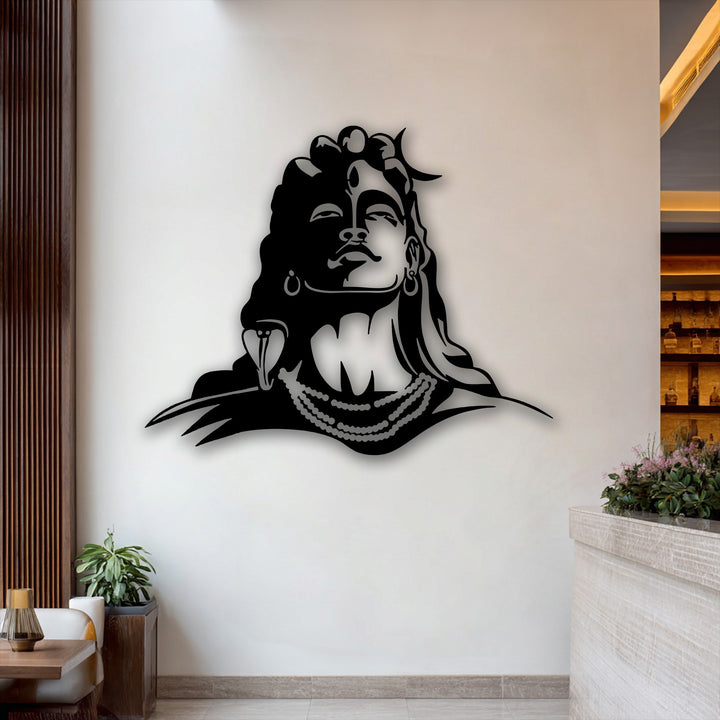 Striking Lord Shiva spiritual Hindu deity silhouette metal wall decor, featuring intricate details of his face, matted hair, and a snake.