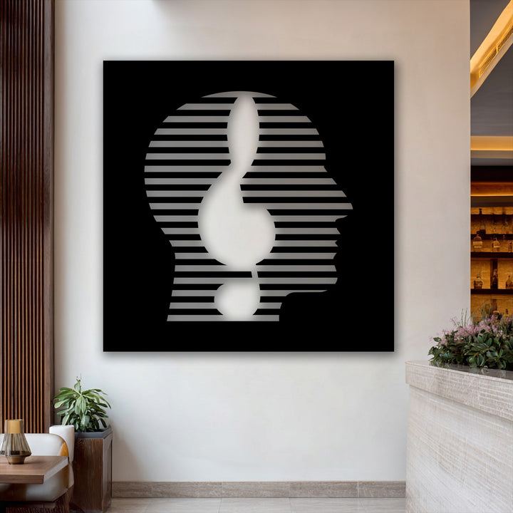 An organic human profile, composed of minimalist stripes, showcases a fluid treble clef design as striking decoration wall art.