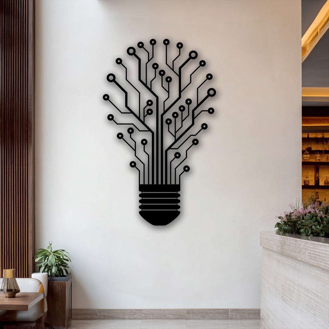 The brightly lit white wall showcases an intricate black lightbulb circuit decorative metal art piece, symbolizing tech innovation and creativity.