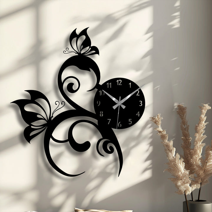 An inviting, warm color temperature softly illuminates the elegant butterfly vine unique metal wall art clock, casting gentle shadows.