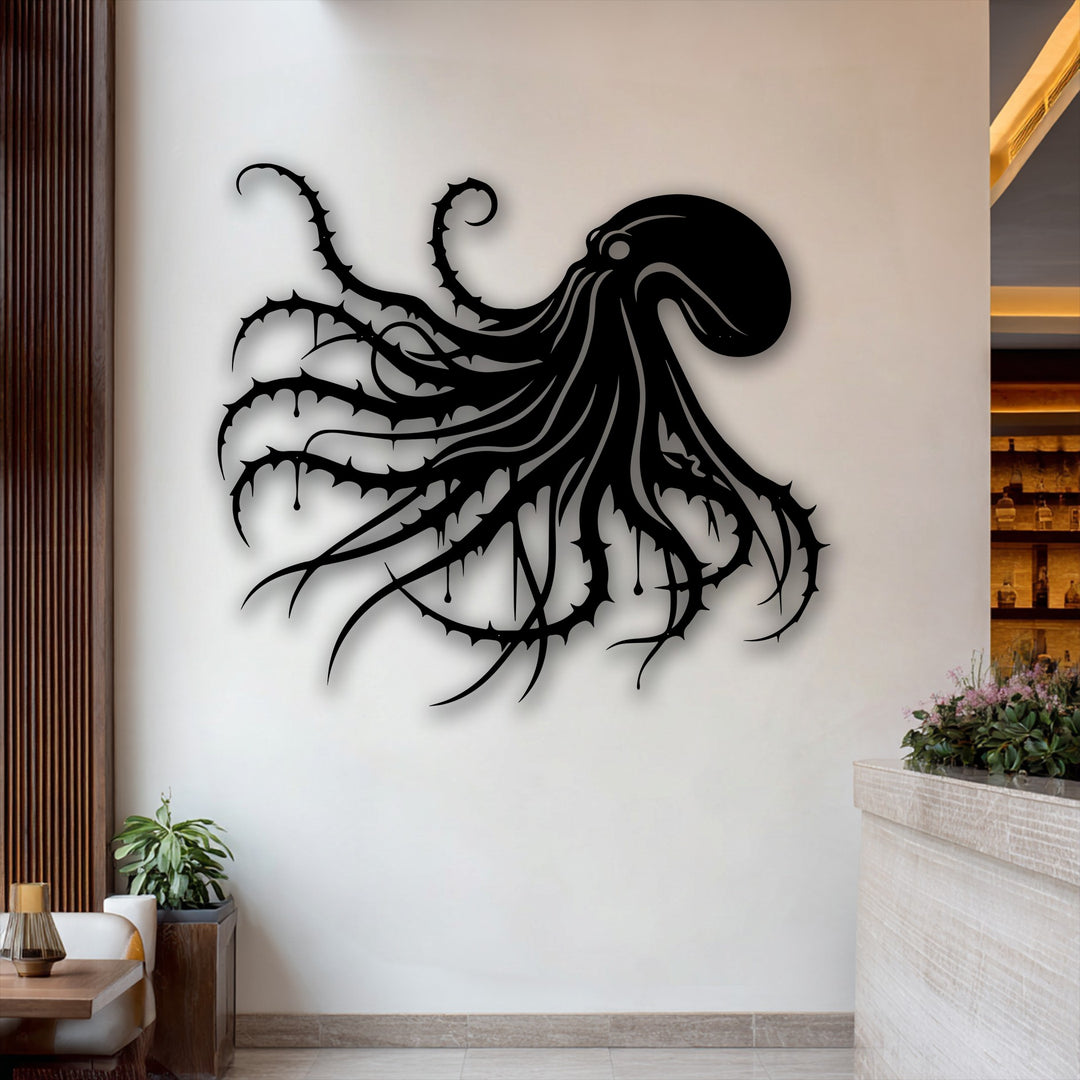 The stillness of the dark octopus metal art for wall brings a gothic ocean decor vibe to a contemporary interior setting.