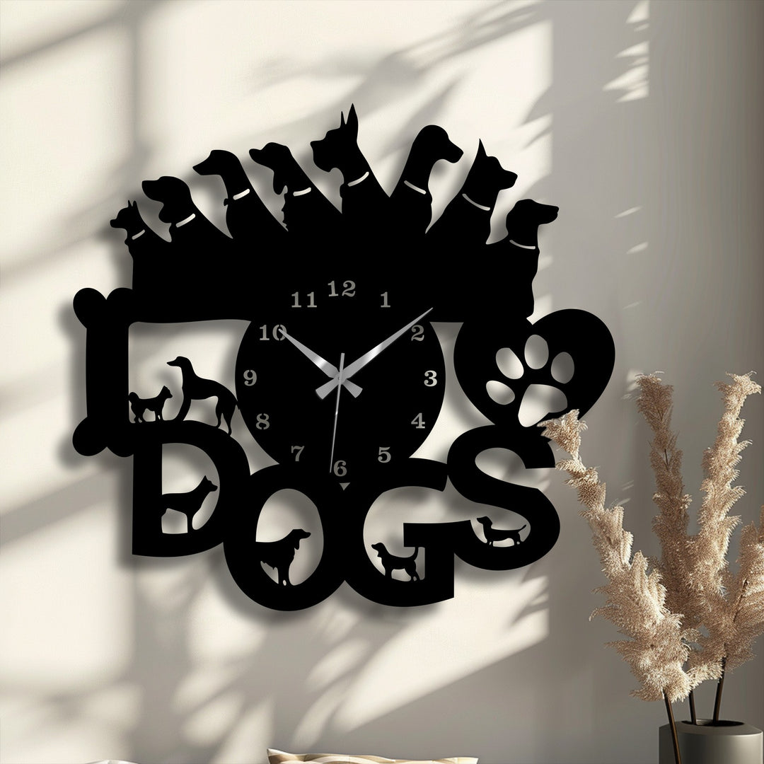 Abstractly, this decorative metal art showcases a unique Dog Lovers Metal Wall Clock with striking dog silhouettes and a prominent paw print.