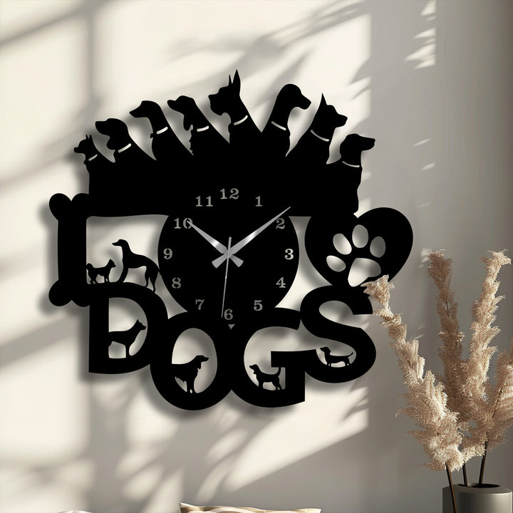 Abstractly, this decorative metal art showcases a unique Dog Lovers Metal Wall Clock with striking dog silhouettes and a prominent paw print.