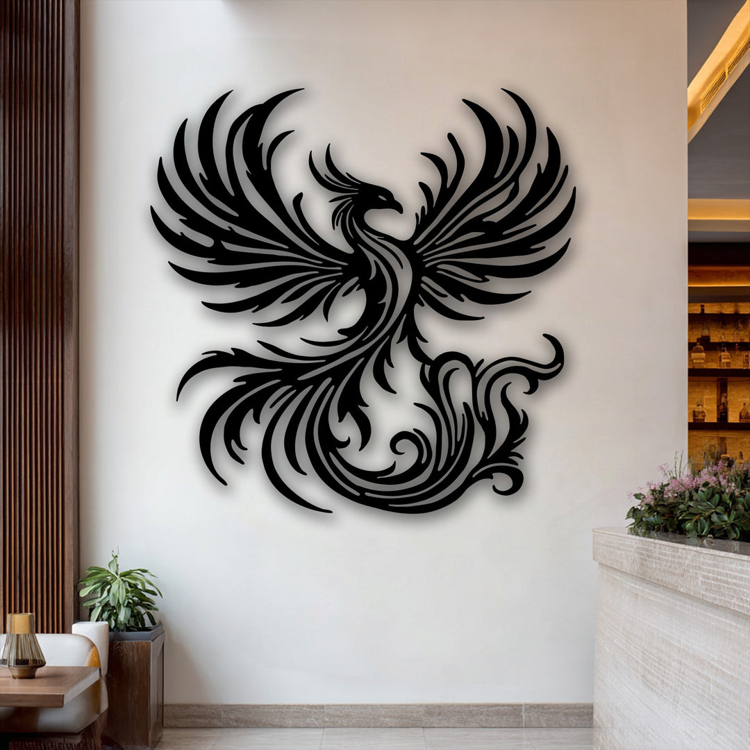 Sharp, stylized geometric lines and flowing, ornate patterns define this Phoenix Metal Wall Art, an elegant decoration wall art.