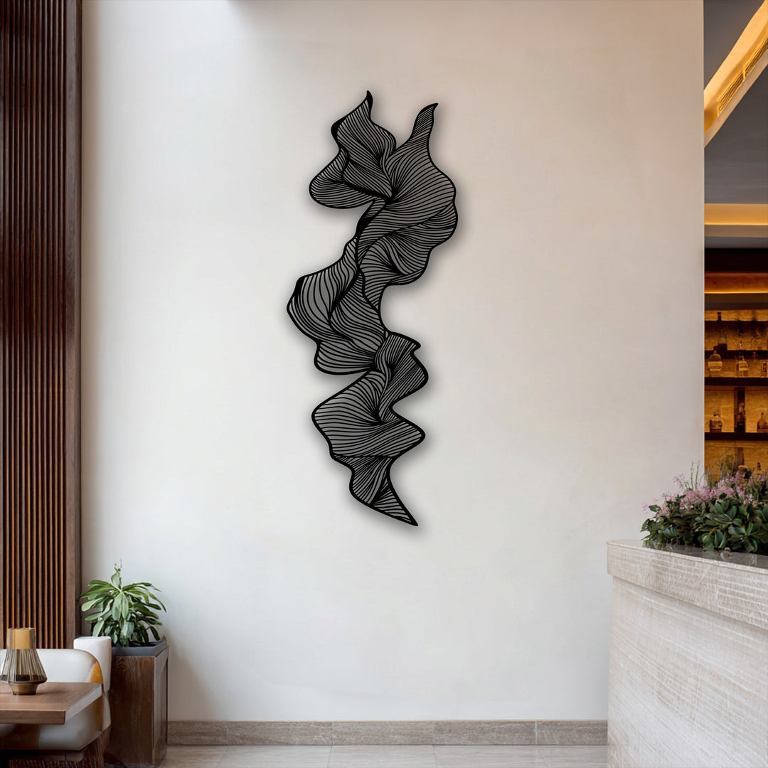 Experience the superior material quality of this elegant vertical abstract flow metal wall decor, intricately crafted as a modern line sculpture.