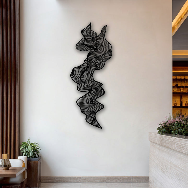 Experience the superior material quality of this elegant vertical abstract flow metal wall decor, intricately crafted as a modern line sculpture.
