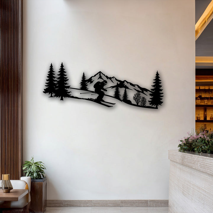 A striking black metal decoration wall art depicts a dynamic skier navigating rugged mountain peaks and dense pine trees, an Alpine adventure.