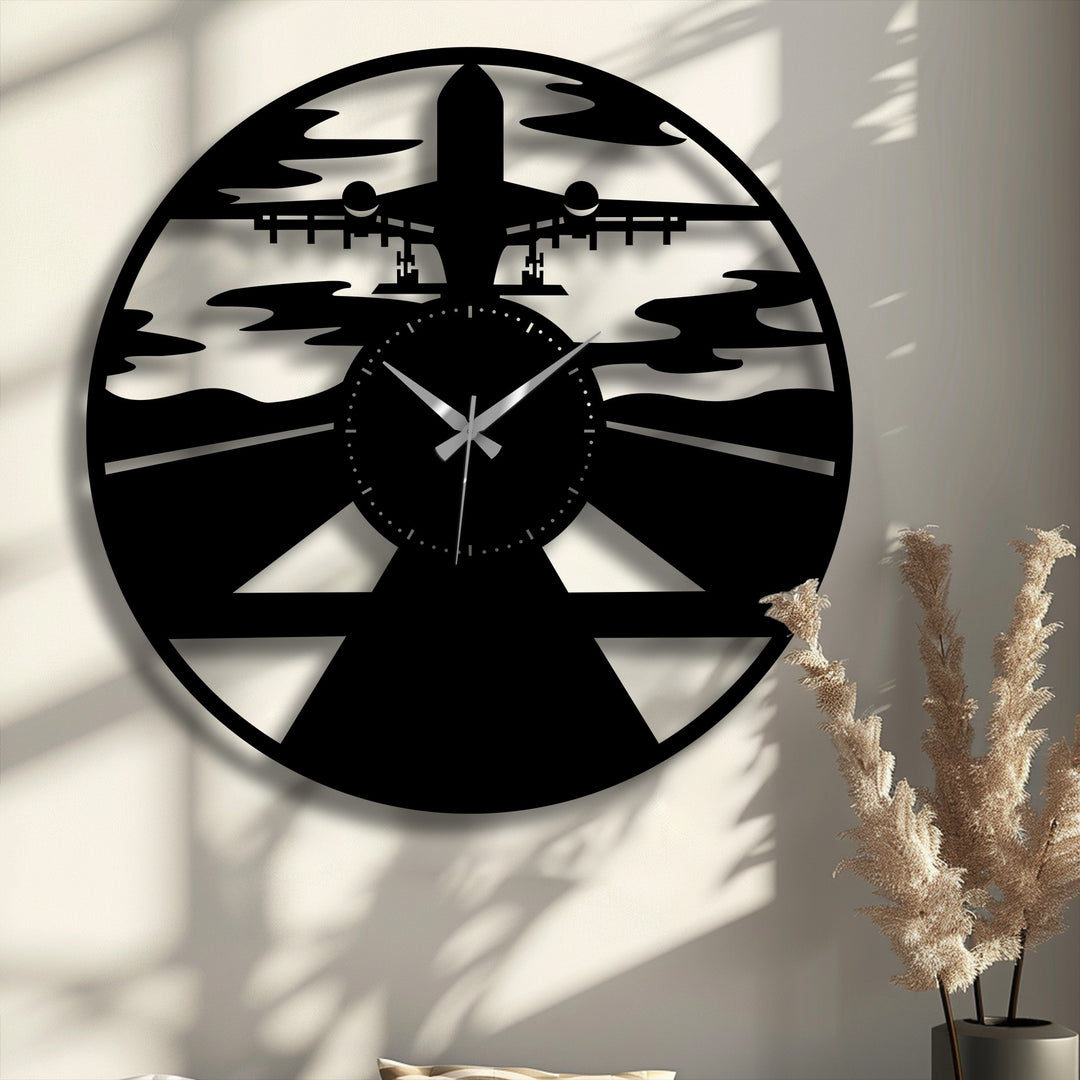 This captivating metal artwork reveals impressive depth and distinct layers as the airplane silhouette wall clock casts intricate shadows on the textured wall.