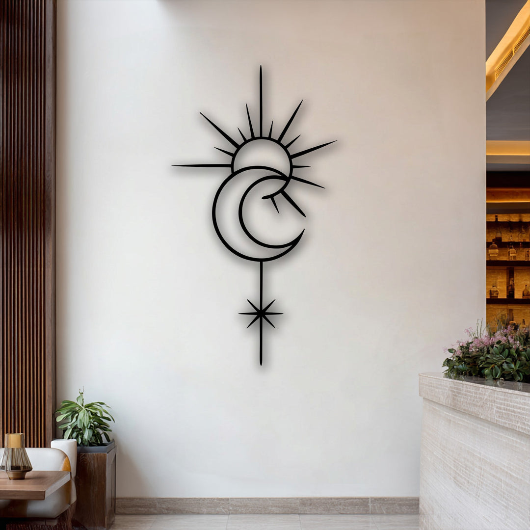 The background's bright wall elegantly showcases the Celestial Sun Moon metal artwork, flanked by wooden panels and a lit bar.