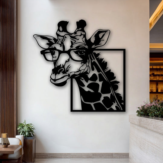 Exhibiting a strikingly low color saturation, this stylish giraffe with glasses metal wall decor features a bold black design on a light wall.