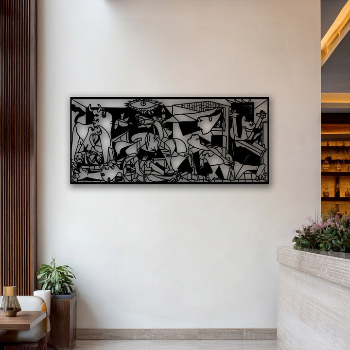 The color saturation is notably low in this unique modern metal wall art, a Guernica-inspired abstract panel, featuring stark black lines.