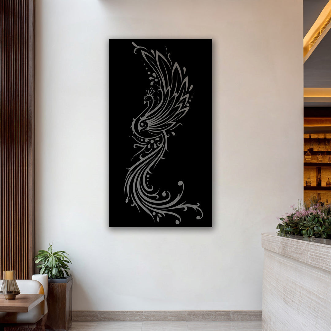 The abstract quality of the intricate grey phoenix, forming a flowing ornamental design, is highlighted in this striking decorative metal art.