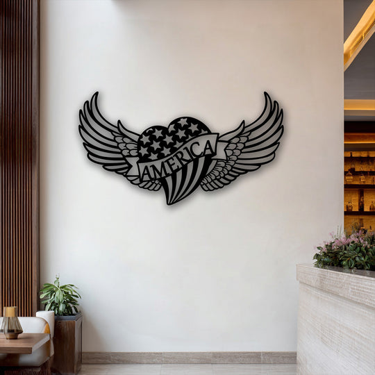 The layered design of this metal art for wall featuring an American heart with spread wings creates striking visual depth against the white background.