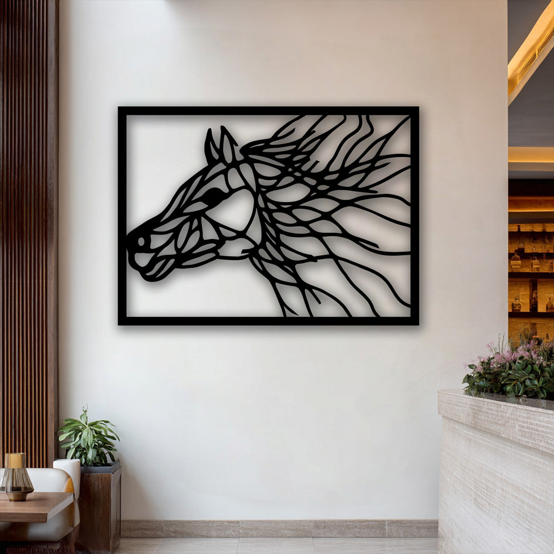 The visual rhythm of the abstract horse portrait metal wall decor creates dynamic energy in this modern space.