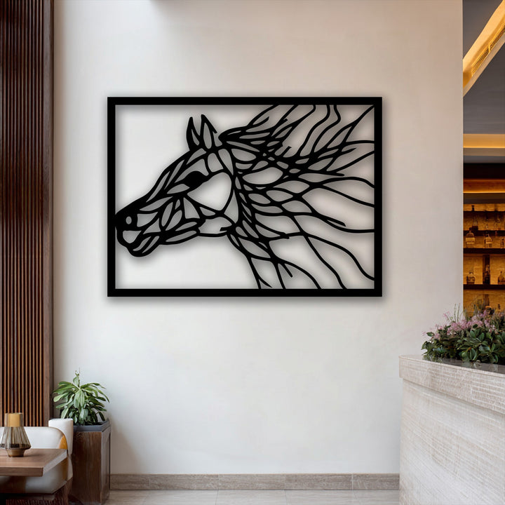 The visual rhythm of the abstract horse portrait metal wall decor creates dynamic energy in this modern space.