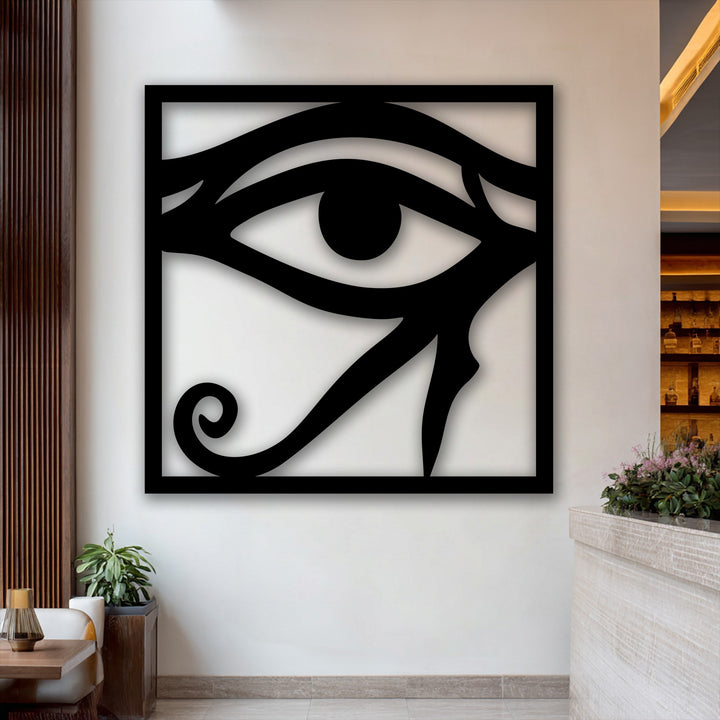 The uniform, non-reflective matte black surface texture of the Eye of Horus decorative metal art offers a minimalist yet impactful aesthetic.