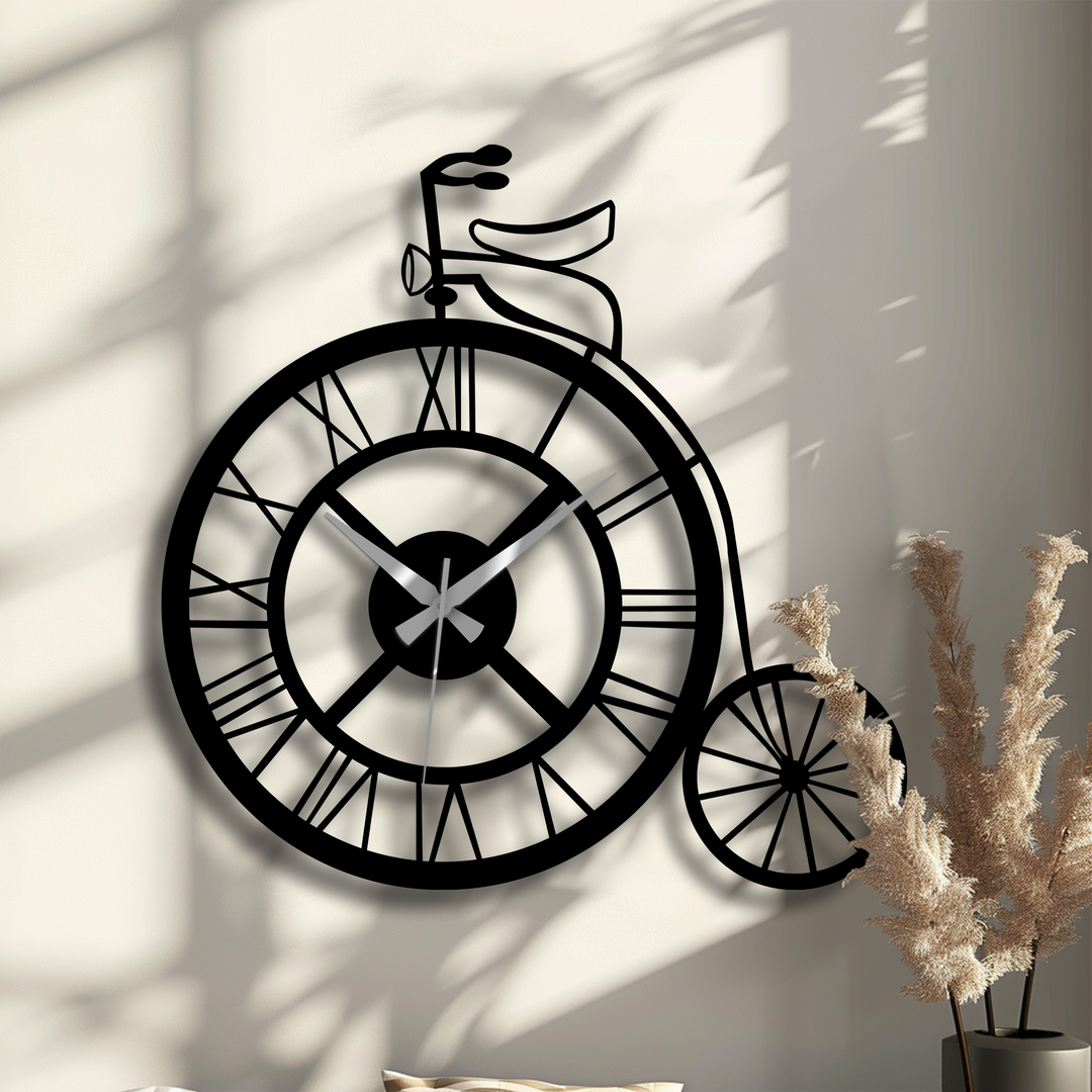 Calmness is evoked by the vintage bicycle metal wall clock, a piece of decorative metal art that brings a sense of nostalgia and classic style to any room.