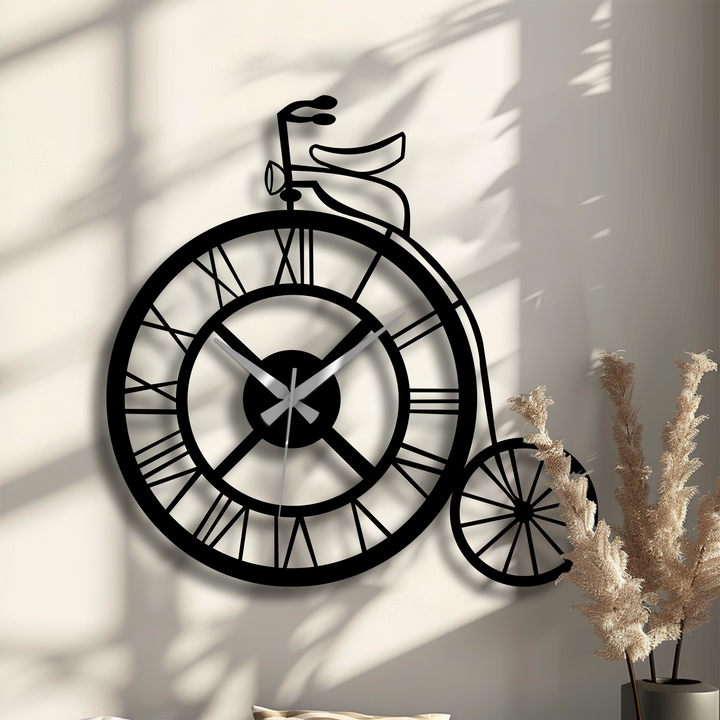Calmness is evoked by the vintage bicycle metal wall clock, a piece of decorative metal art that brings a sense of nostalgia and classic style to any room.