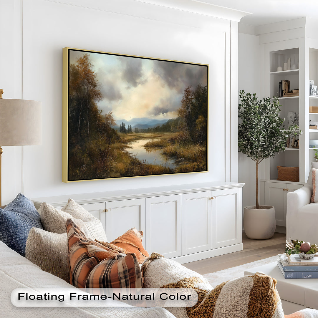Herbstliche Flussszene Wandkunst – Landschaftsölgemälde