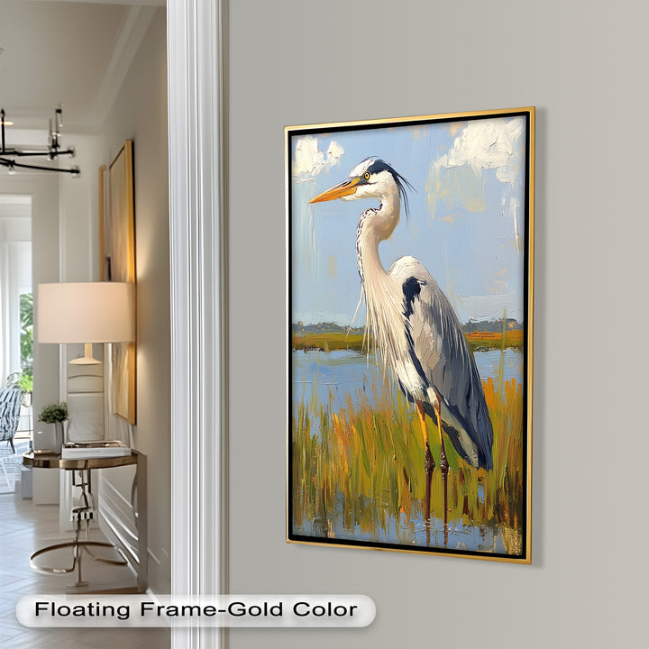 Heron in Sunlit Wetlands – Modern Oil Painting