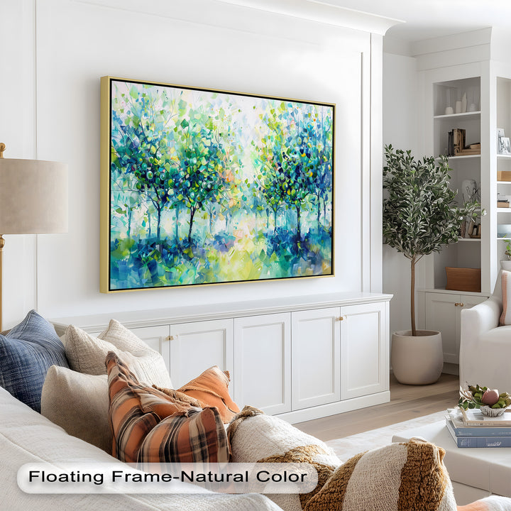 Blue & Green Forest Landscape – Abstract Nature Oil Painting