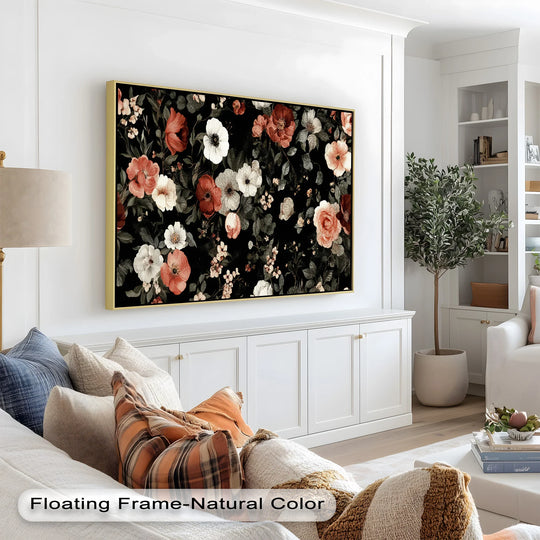 A vintage-inspired floral pattern featuring soft white, blush, and red blooms on a deep black background with muted green leaves.