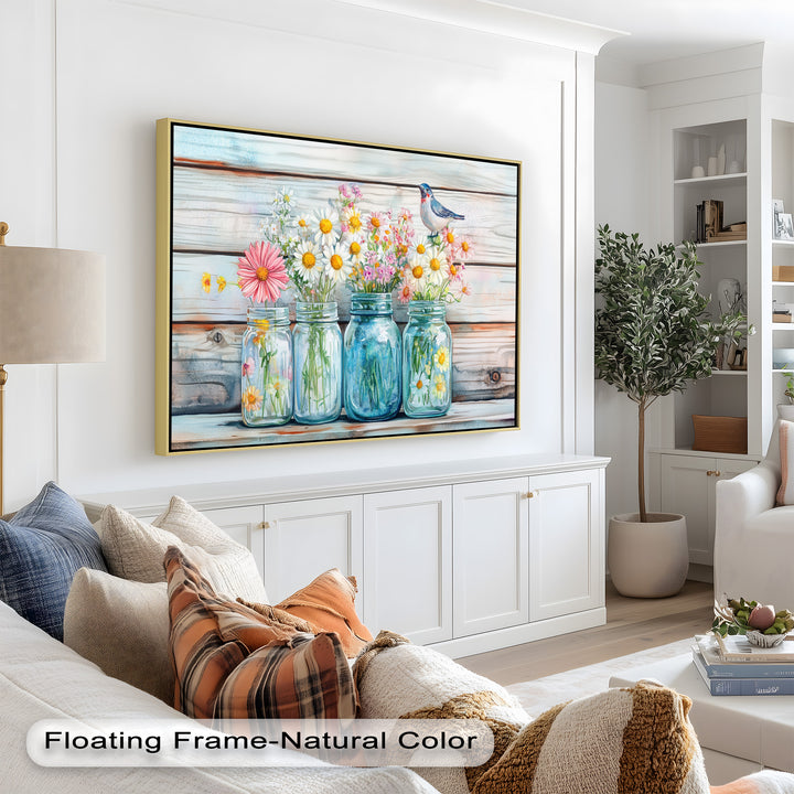 A soft watercolor-inspired painting showcases a collection of wildflowers in glass jars, their delicate petals and bright hues radiating a sense of freshness and tranquility.