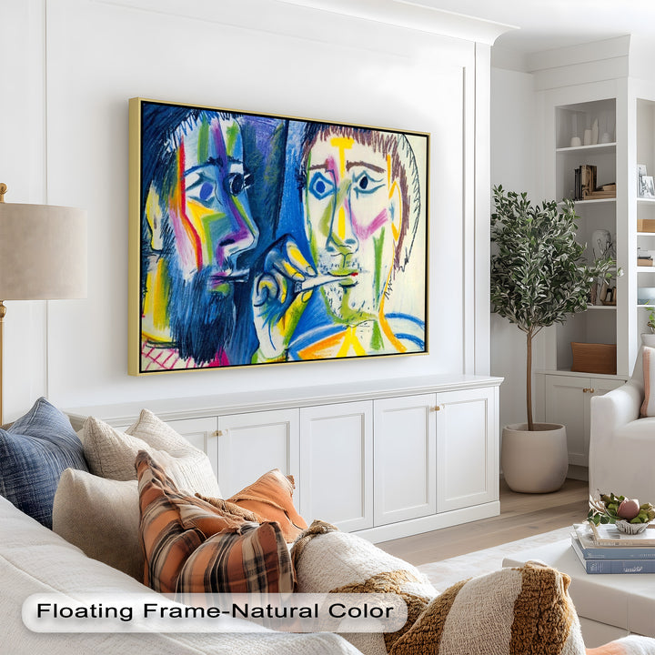 Two abstract male faces drawn with vibrant, expressive strokes, one lighting a cigarette for the other.