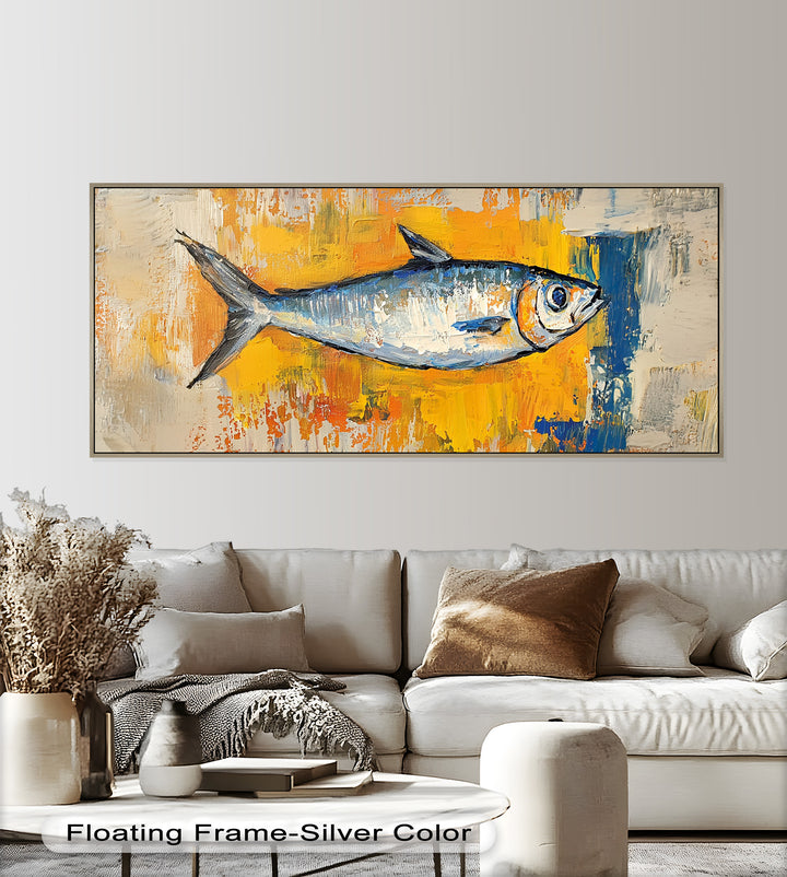 Blue Fish on Vibrant Yellow Background - Animal Oil Painting