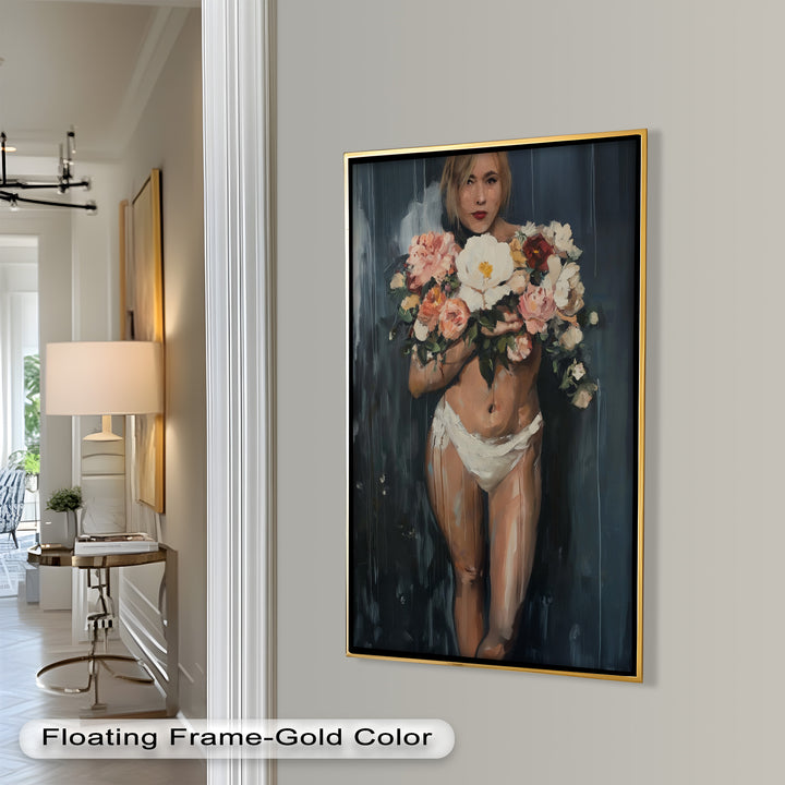 Floral Embrace – Abstract Nude with Blooming Bouquet Oil Painting