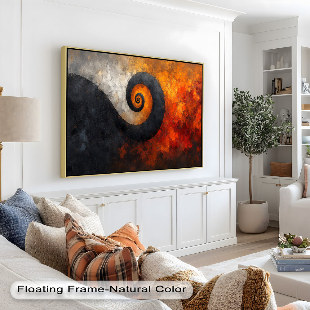 Modern swirl artwork featuring bold reds, charcoal tones, and textured strokes.
