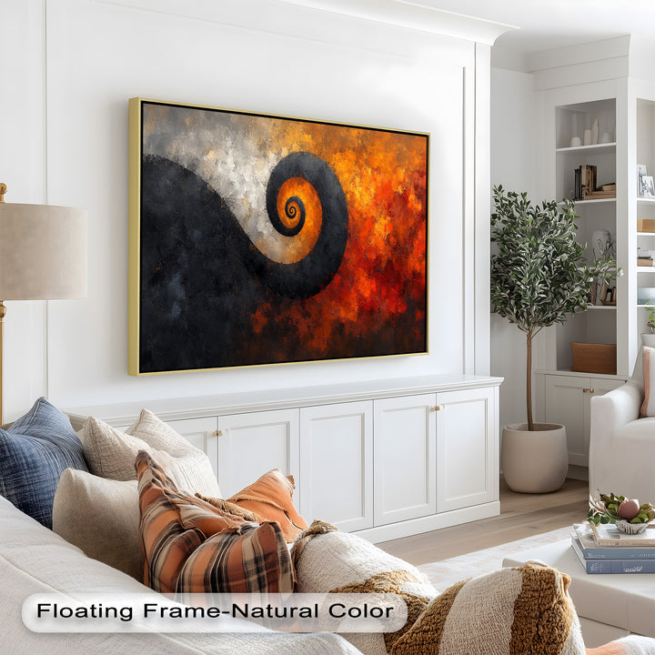 Modern swirl artwork featuring bold reds, charcoal tones, and textured strokes.
