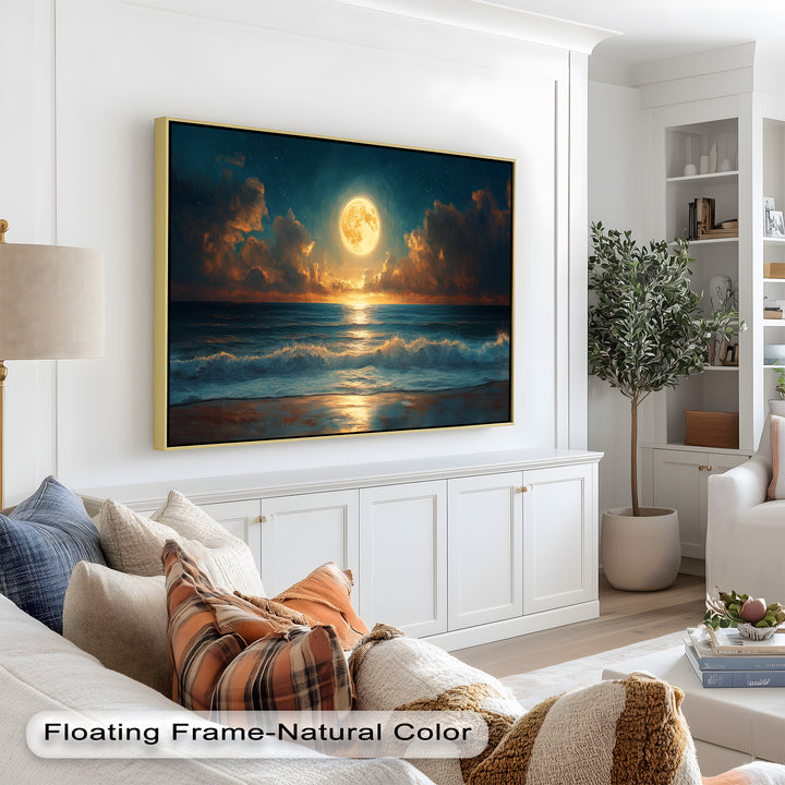 Ocean Night Wall Art Decor - Full Moon Seascape Oil Painting