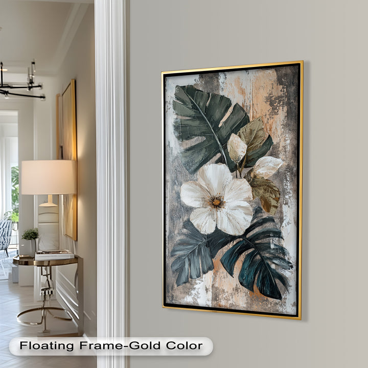 White Bloom and Tropical Leaves - Flower Oil Painting