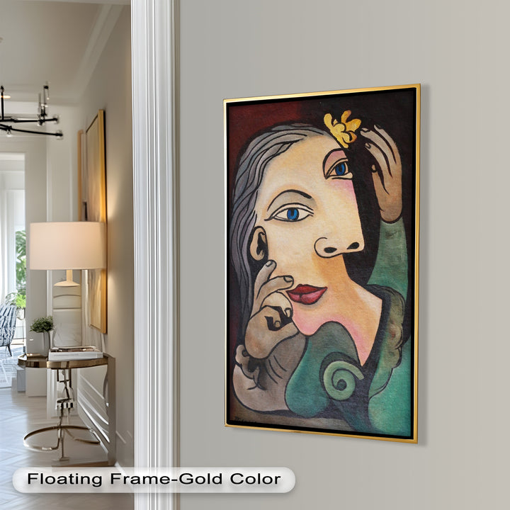 Whimsical Bloom – Surreale Frau mit gelber Blume Picasso Ölgemälde