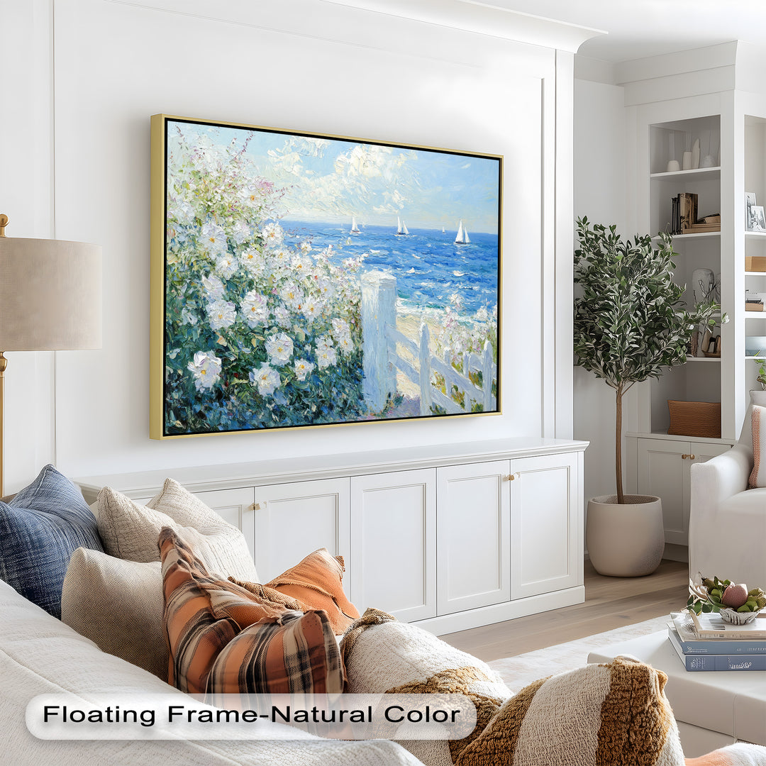 White Rose Garden with Sailboats – Impressionist Oil Painting