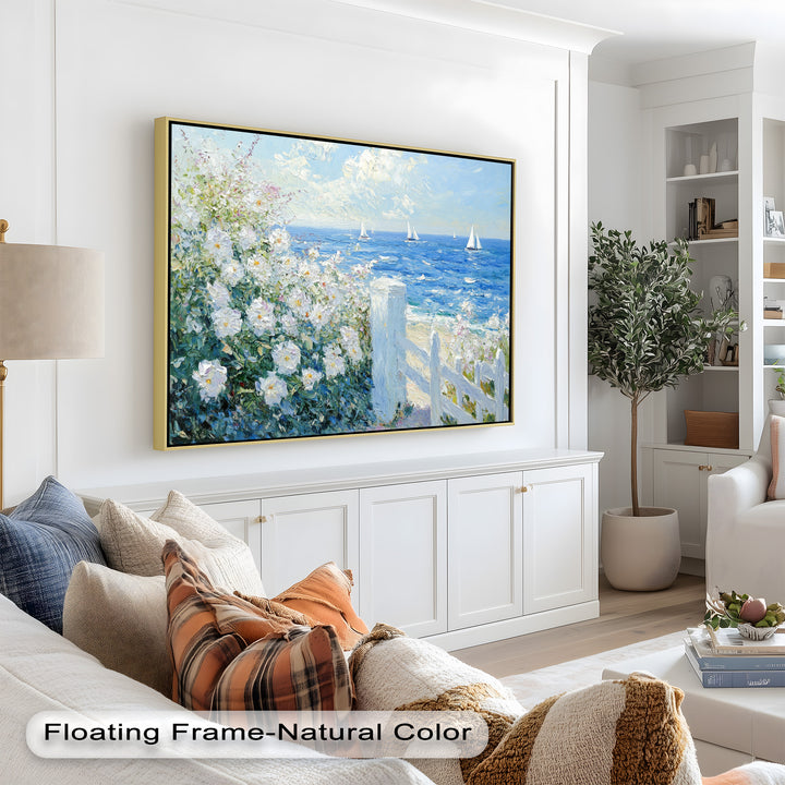 White Rose Garden with Sailboats – Impressionist Oil Painting